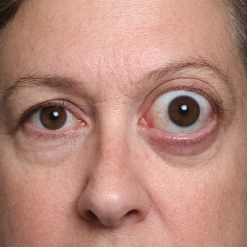 Close-up of a person with unilateral proptosis showing one eye significantly bulging forward with visible sclera above and below the iris, compared to the normal opposite eye