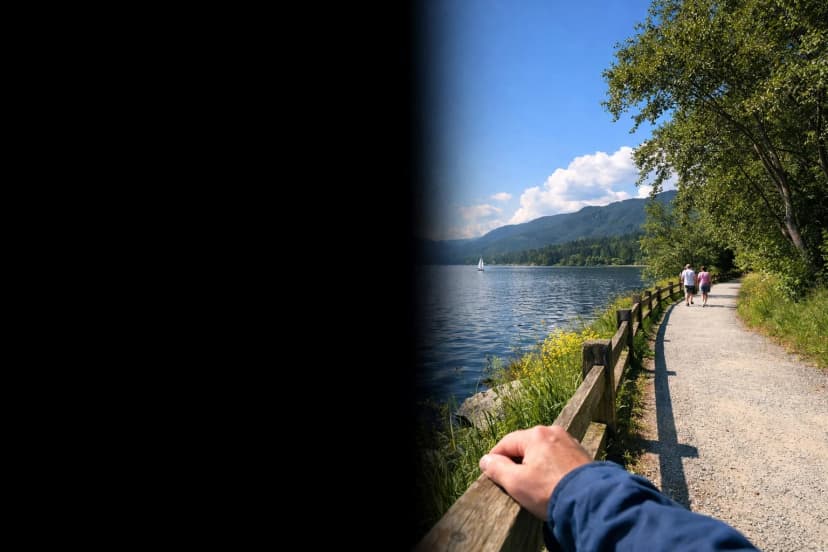 Simulation of hemianopia vision loss showing the left half of the visual field completely blacked out while the right half reveals a lakeside walking path - illustrating how patients with partial vision loss from stroke, optic nerve damage, or brain lesions experience half-field blindness in daily life