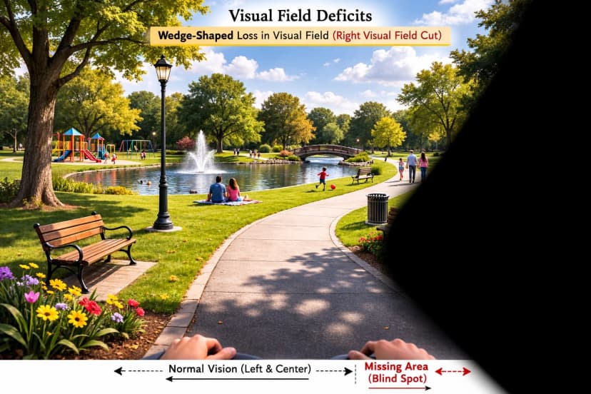 Simulation of a visual field deficit showing a wedge-shaped blind spot obscuring the right side of a park scene - the left and center vision remain normal while the right visual field is blacked out, illustrating how a right visual field cut from stroke or brain lesion appears in everyday life
