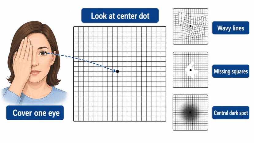 Amsler grid testing graphic showing one eye covered, center fixation, wavy lines, missing squares, and central dark spot