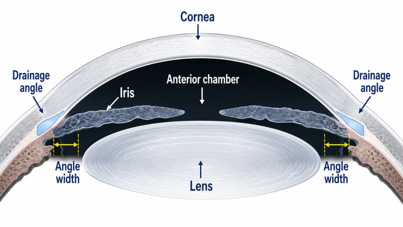 Anterior segment OCT diagram labeling cornea, anterior chamber, iris, drainage angle, lens, and angle width