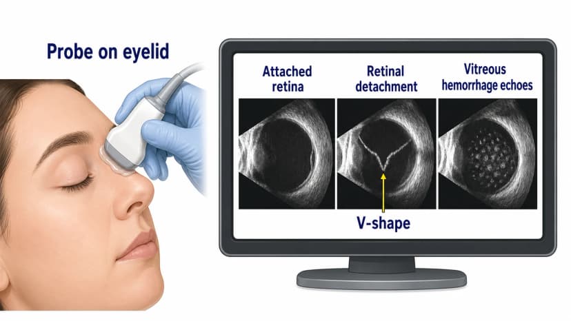 B-scan ultrasound diagram showing eyelid probe, attached retina, detached retinal membrane with V or funnel shape labeled as one example, and vitreous hemorrhage echoes