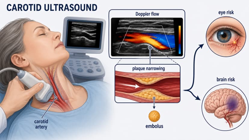 Carotid ultrasound diagram showing neck Doppler probe, carotid plaque narrowing, blood-flow color map, and eye-brain embolic risk