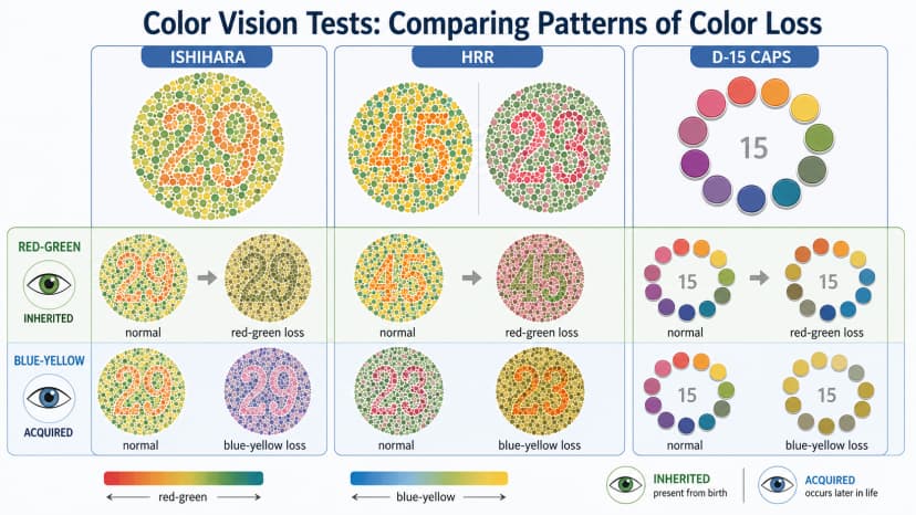 Color vision test comparison graphic showing Ishihara plates, HRR plates, D-15 caps, inherited red-green loss, and acquired blue-yellow loss