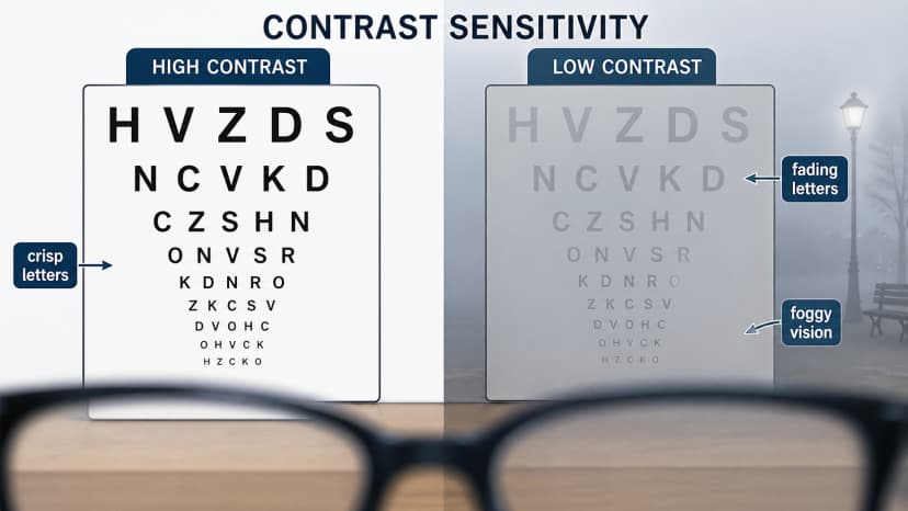Contrast sensitivity test diagram comparing high-contrast eye chart letters with low-contrast letters fading into a gray background