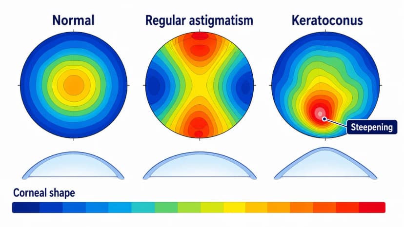 Corneal topography diagram comparing normal cornea, regular astigmatism, and keratoconus steepening
