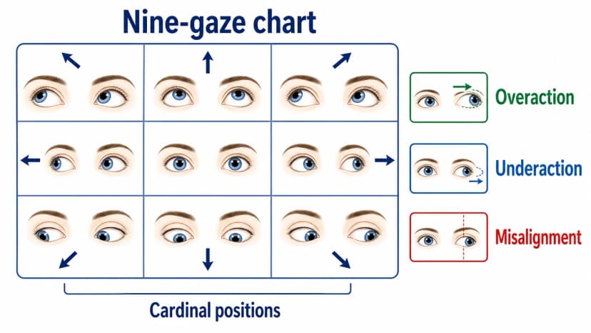 Eye movement exam nine-gaze chart showing overaction, underaction, and ocular misalignment