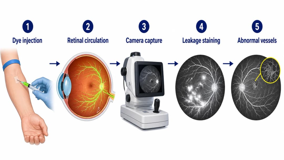 Fluorescein angiography infographic showing dye injection, retinal circulation, camera capture, and separate abnormal fluorescence patterns including leakage, staining, blockage, and nonperfusion