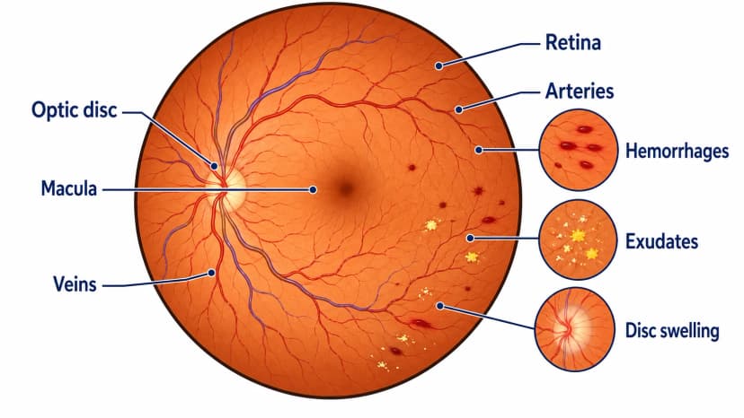 Fundoscopic exam diagram labeling optic disc, macula, retina, arteries, veins, hemorrhages, exudates, and disc swelling