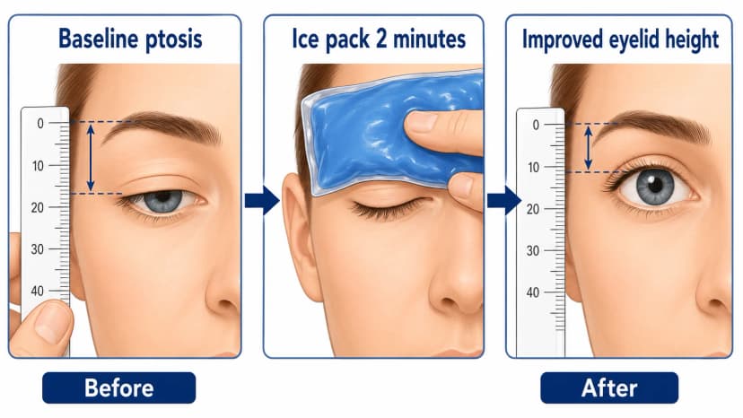 Ice test diagram for myasthenia gravis showing baseline ptosis, ice pack application, improved eyelid height, and MRD1 before and after measurements
