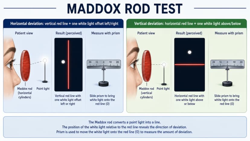 Maddox rod test diagram showing red lens turning point light into a line with prism measurement of horizontal and vertical diplopia