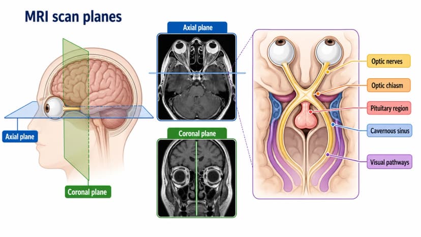 MRI brain and orbits diagram showing optic nerves, optic chiasm, pituitary region, cavernous sinus, and visual pathways