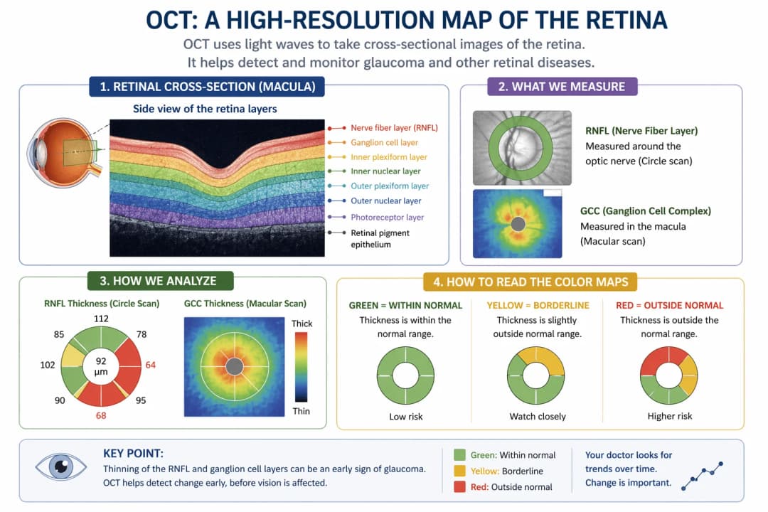 Infographic on optical coherence tomography (OCT): labeled cross-sectional B-scan through the macula showing each retinal layer from inner to outer - retinal nerve fiber layer (RNFL), ganglion cell layer, inner plexiform layer, inner nuclear layer, outer plexiform layer, outer nuclear layer, photoreceptor layer, and retinal pigment epithelium; two standard scan types - a peripapillary circle scan that quantifies RNFL thickness around the optic nerve and a macular scan that measures the ganglion cell complex (GCC); example RNFL sector clock-hour thickness values and a GCC macular thickness heat map; and how to interpret the color-coded normative database output - green within normal limits (low risk), yellow borderline (watch closely), and red outside normal limits (higher risk) - with emphasis on tracking trends over time to detect early glaucoma and other optic neuropathies before vision is affected
