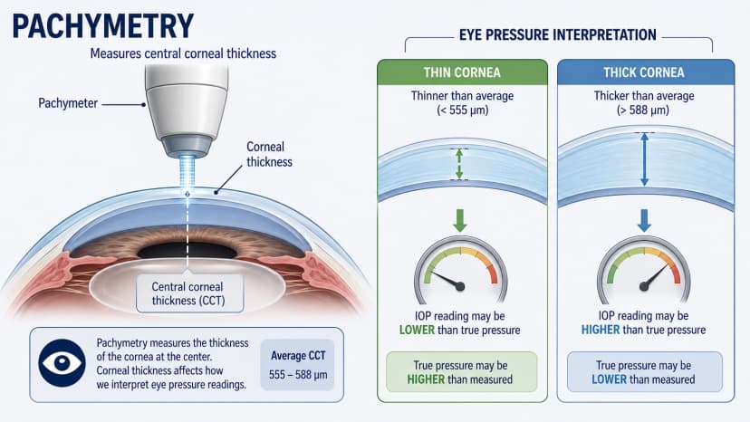 Pachymetry corneal thickness diagram showing central corneal measurement and how thin versus thick cornea changes glaucoma pressure interpretation