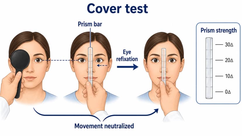 Prism and cover test diagram showing prism bar measurement of eye deviation and refixation movement