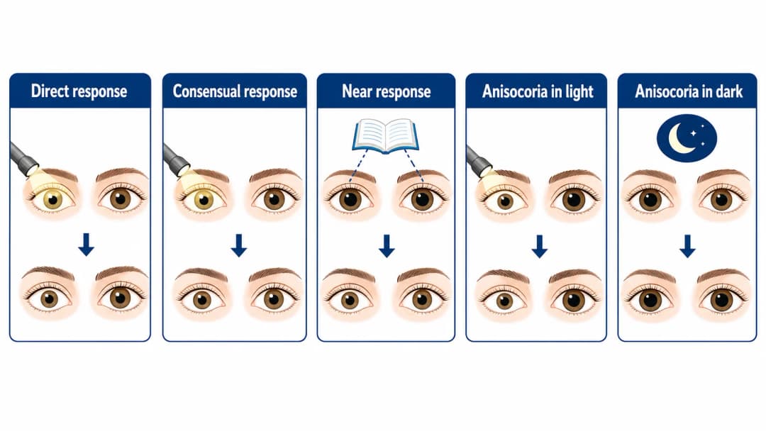 Pupil exam infographic with four panels for normal direct and consensual response, swinging flashlight RAPD, larger pupil worse in light, and smaller pupil worse in dark