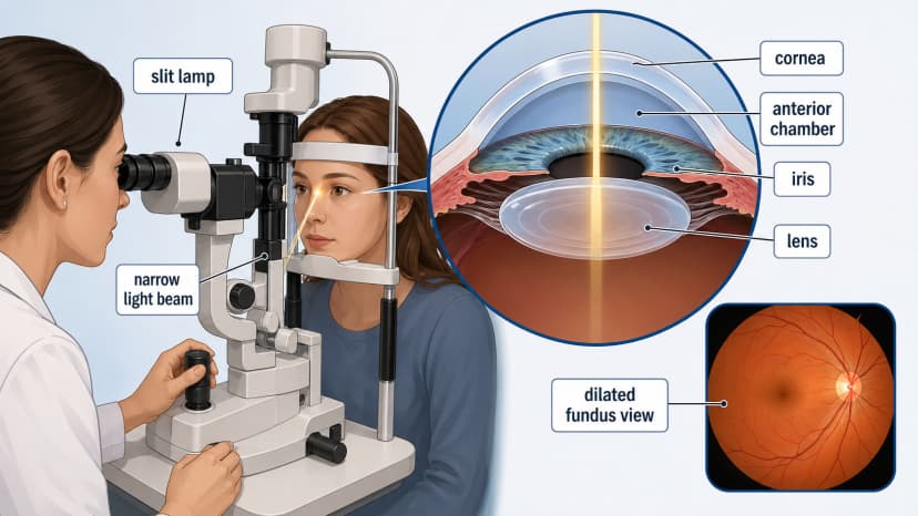 Slit lamp examination clinic diagram showing microscope, narrow light beam, cornea, anterior chamber, iris, lens, and dilated fundus view