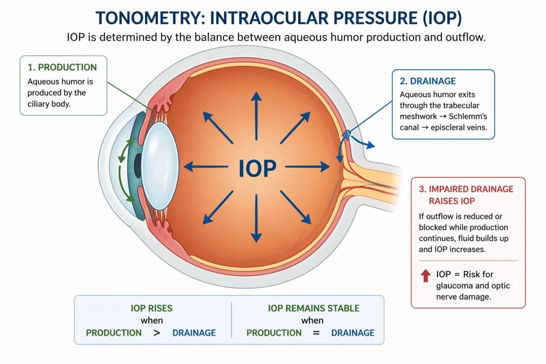 Infographic on tonometry and intraocular pressure (IOP): cross-sectional diagram of the eye illustrating the IOP balance equation - aqueous humor is produced by the ciliary body and drains through the trabecular meshwork into Schlemm's canal and out through the episcleral veins; IOP remains stable when production equals drainage, rises when production exceeds drainage, and climbs further when outflow is impaired or blocked while production continues; sustained elevation in IOP is the main modifiable risk factor for glaucoma and optic nerve damage, which is why tonometry measurement is a core part of glaucoma screening and monitoring