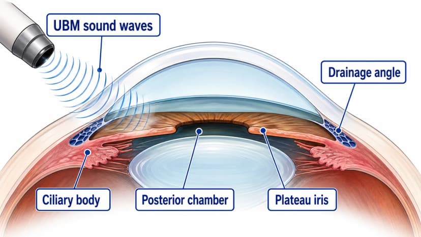 Ultrasound biomicroscopy diagram showing a UBM probe with a fluid-filled coupling cup or gel interface and sound waves imaging ciliary body, posterior chamber, and drainage angle