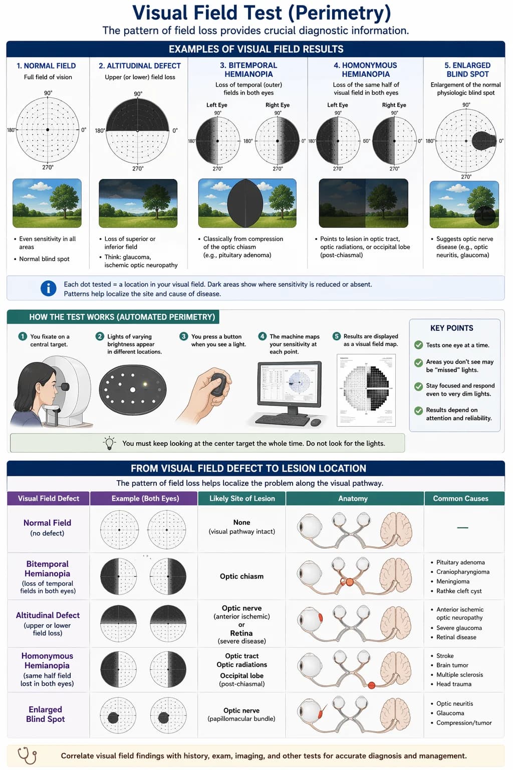 Infographic on visual field testing (perimetry): five example field patterns - normal, altitudinal defect, bitemporal hemianopia, homonymous hemianopia, and enlarged blind spot - with patient-view simulations; a five-step diagram of automated perimetry showing fixation, appearing lights, button response, machine mapping, and results; and a lesion-localization table linking each defect to the likely site along the visual pathway (optic nerve, chiasm, tract, radiations, occipital lobe) and common causes such as pituitary adenoma, ischemic optic neuropathy, stroke, glaucoma, and optic neuritis
