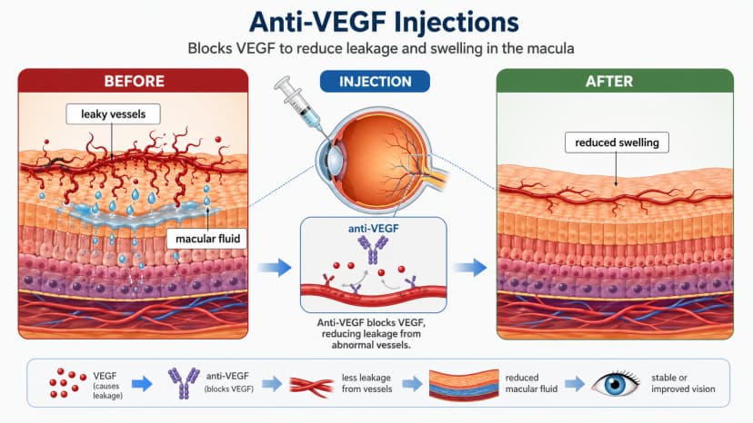 Anti-VEGF injection mechanism diagram showing medicine blocking leaky abnormal retinal vessels and reducing macular fluid