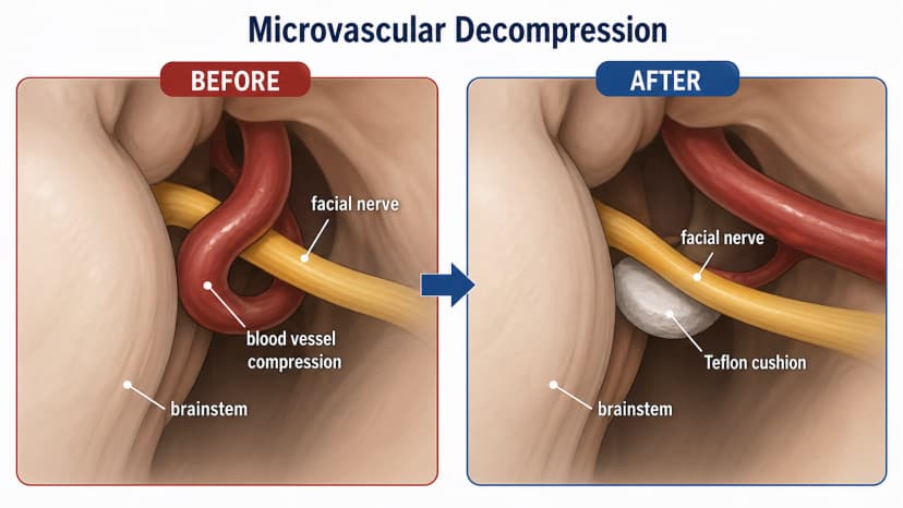 Microvascular decompression diagram showing blood vessel compressing facial nerve before surgery and Teflon cushion separating vessel from nerve after surgery