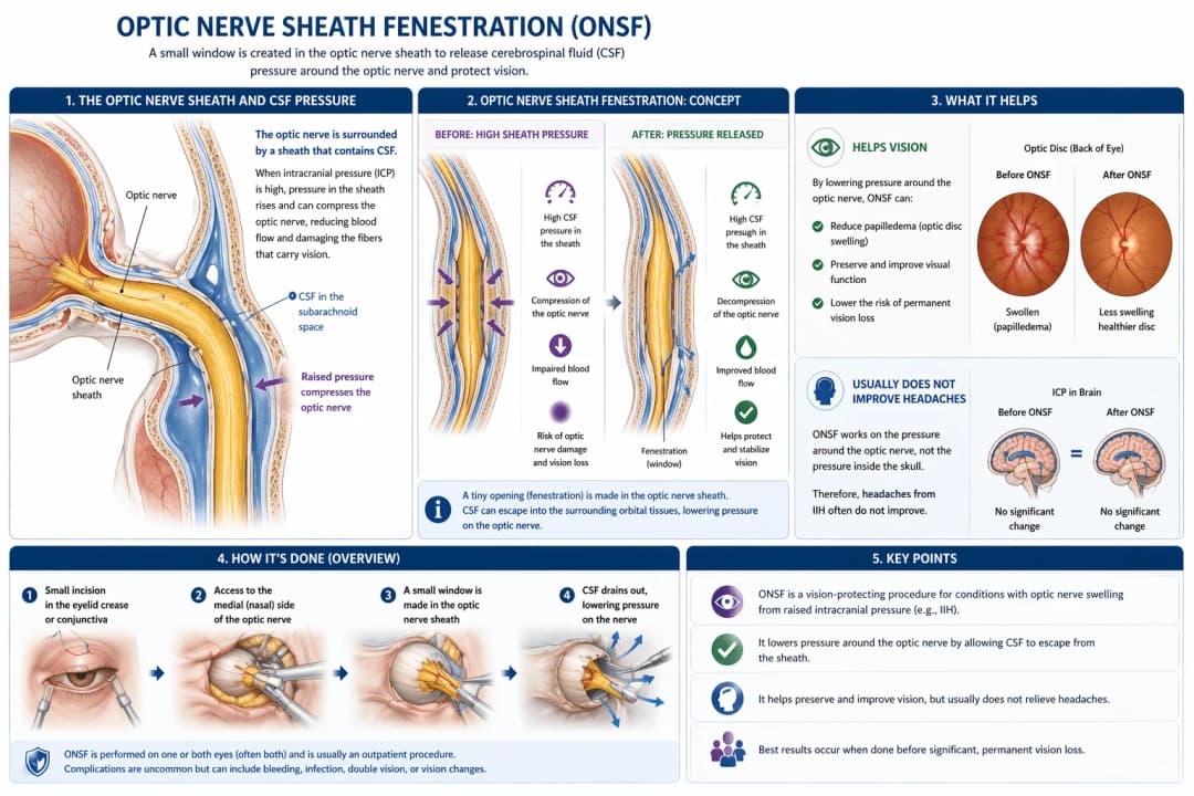 Infographic on optic nerve sheath fenestration (ONSF): anatomy of the optic nerve sheath showing how raised cerebrospinal fluid (CSF) pressure compresses the optic nerve and impairs blood flow; before and after comparison illustrating how a small window created in the sheath releases CSF and decompresses the nerve; a before-and-after fundus view showing reduced papilledema; a reminder that ONSF lowers pressure around the optic nerve only and usually does not improve IIH headaches because intracranial pressure is unchanged; and a four-step overview of the procedure - small eyelid or conjunctival incision, medial access to the optic nerve, creation of a fenestration in the sheath, and drainage of CSF to lower pressure on the nerve