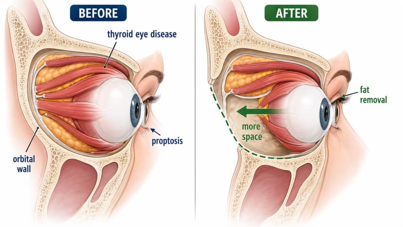 Orbital decompression diagram showing thyroid eye disease proptosis before surgery and orbital wall or fat removal creating more space after surgery