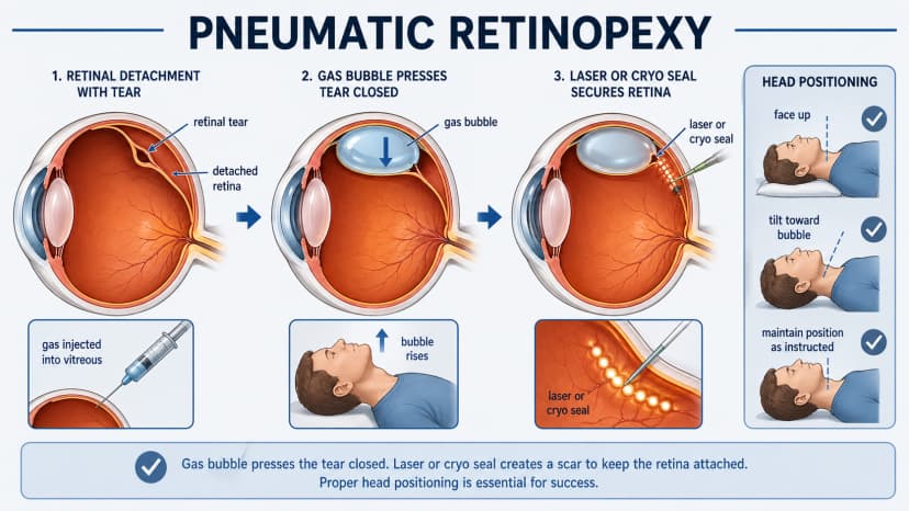 Pneumatic retinopexy diagram showing gas bubble positioning against retinal tear with laser or cryo seal and required head positioning