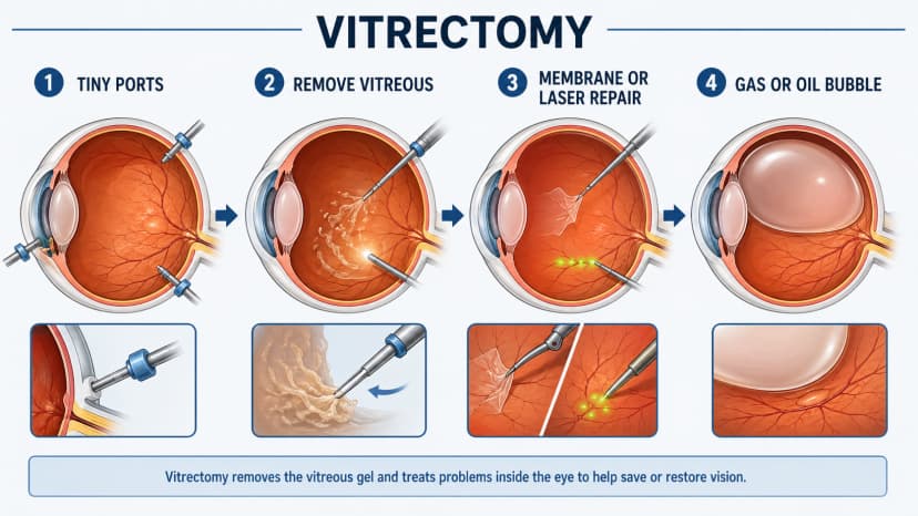 Vitrectomy retina surgery diagram showing tiny ports, vitreous gel removal, membrane or laser repair, and gas or oil tamponade