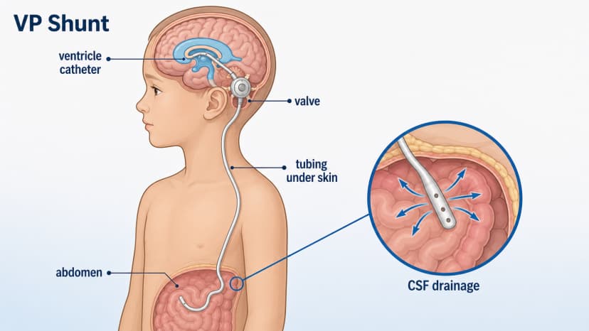 VP shunt diagram showing ventricular catheter, valve, tubing under the skin, and cerebrospinal fluid drainage into the abdomen