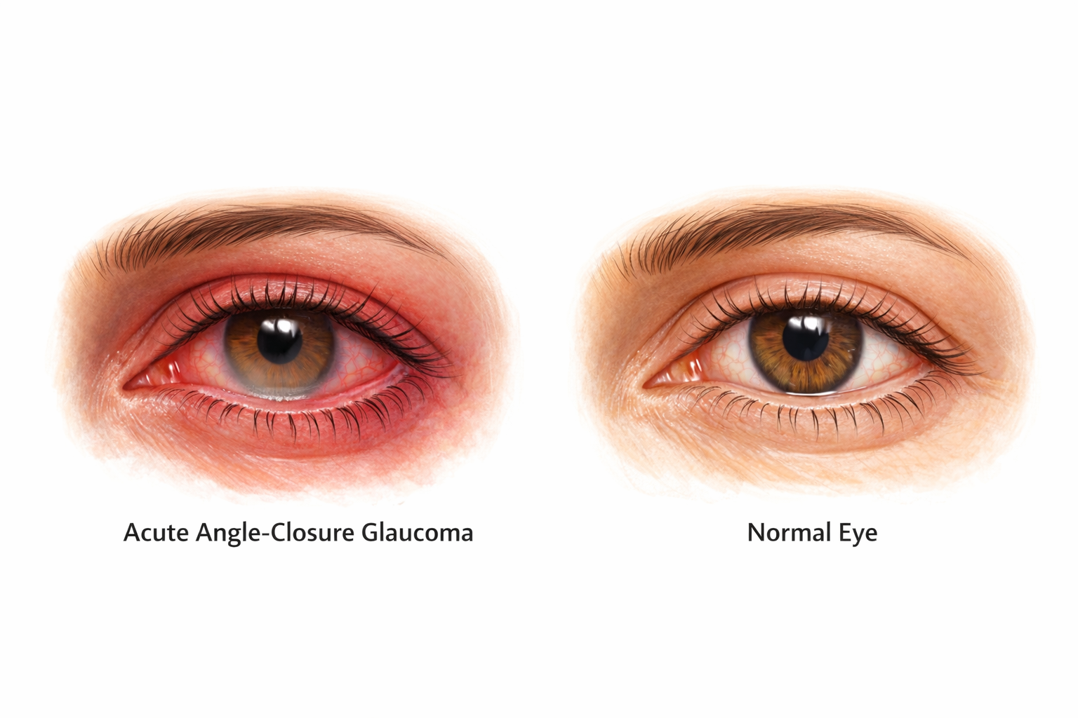 Medical illustration of acute angle-closure glaucoma showing a red painful eye with a hazy steamy cornea and mid-dilated fixed pupil compared to a normal clear eye