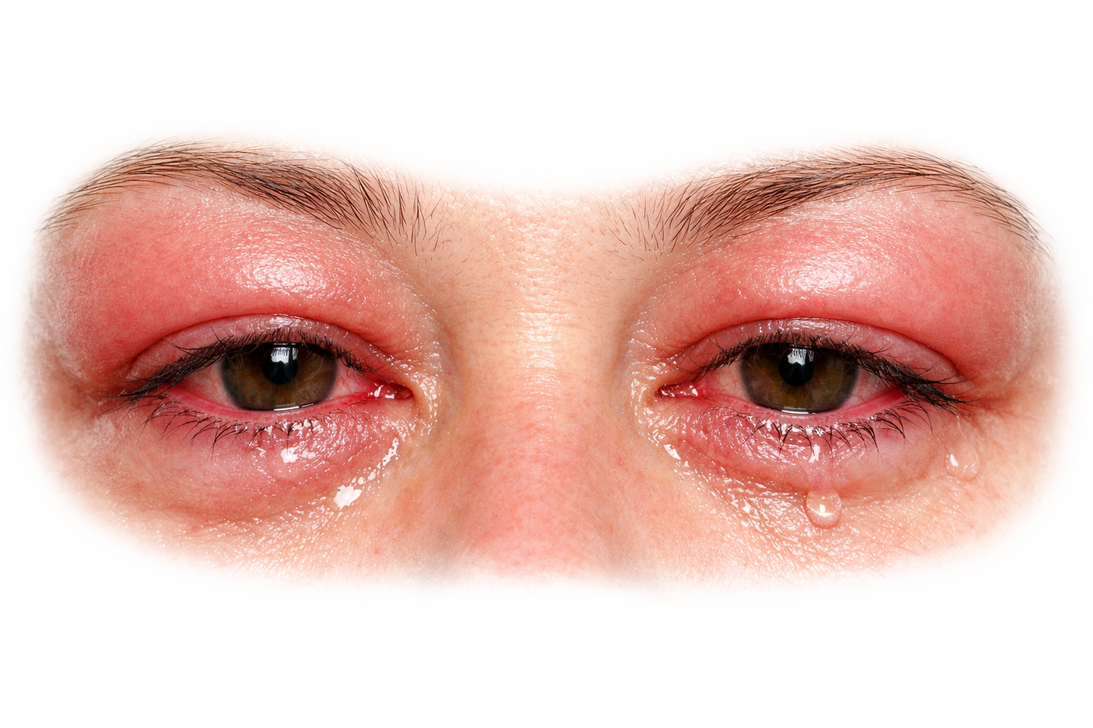 Both eyes showing allergic conjunctivitis with bilateral puffy swollen eyelids, redness, and watery tearing