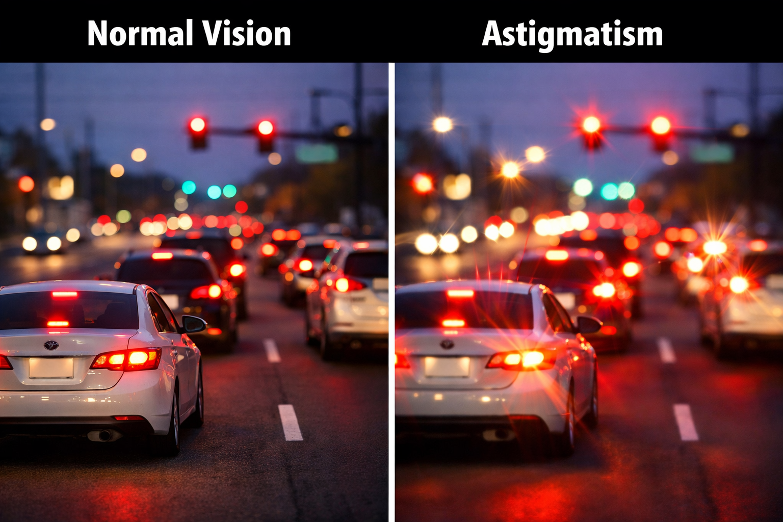 Side-by-side comparison of normal vision versus astigmatism while driving at night, showing starburst distortion around lights