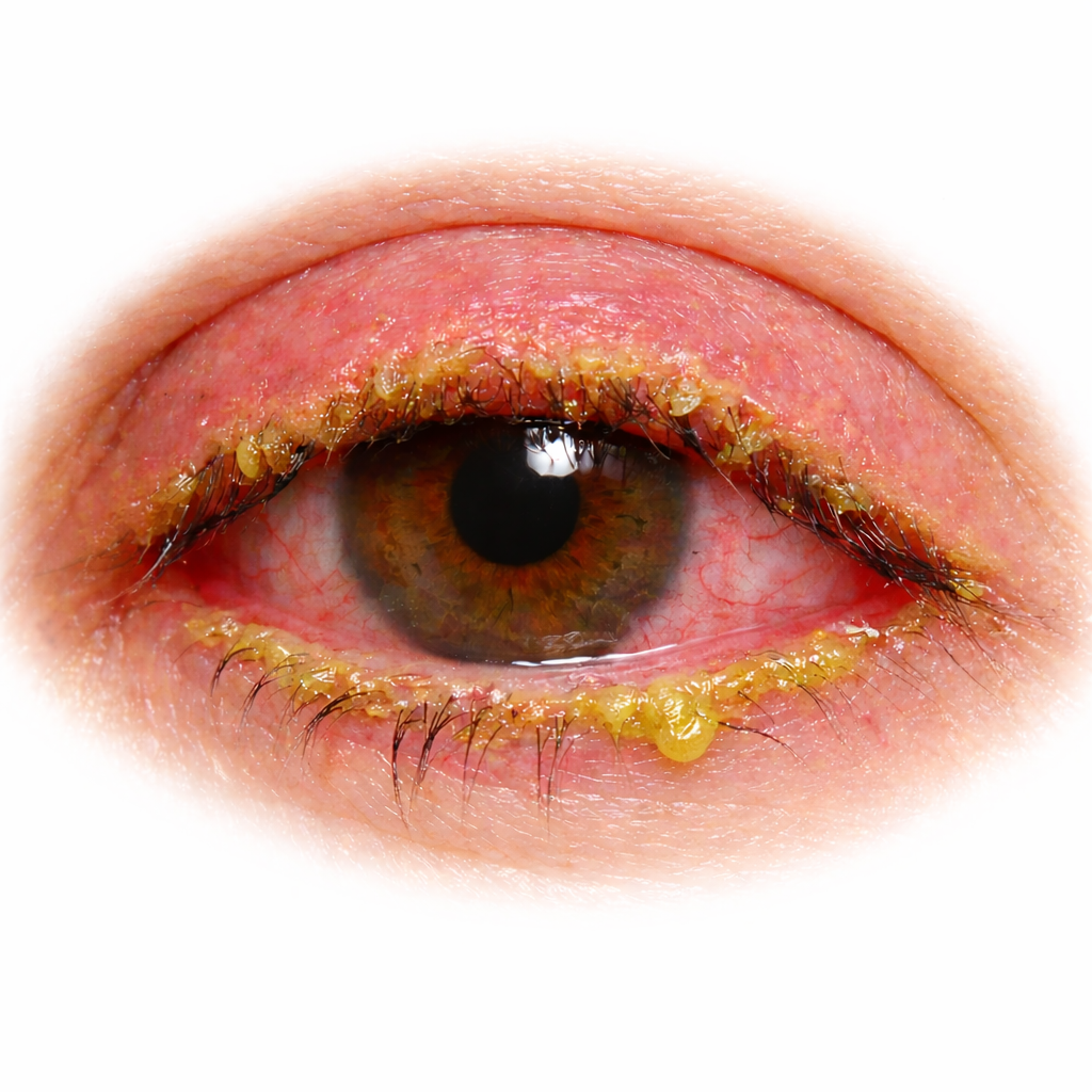 Close-up of an eye with bacterial conjunctivitis showing thick yellow-green purulent discharge crusting along the eyelid margins