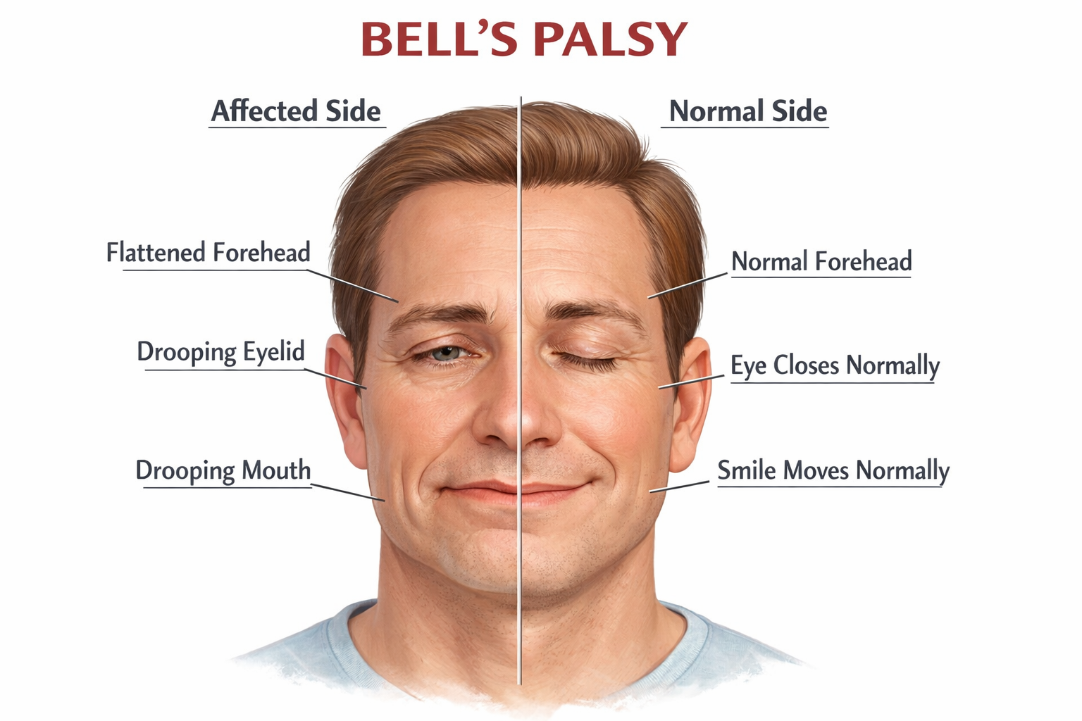 Medical illustration of Bell's palsy showing facial asymmetry with one side having a drooping mouth, flattened forehead, and inability to fully close the eye compared to the normal side