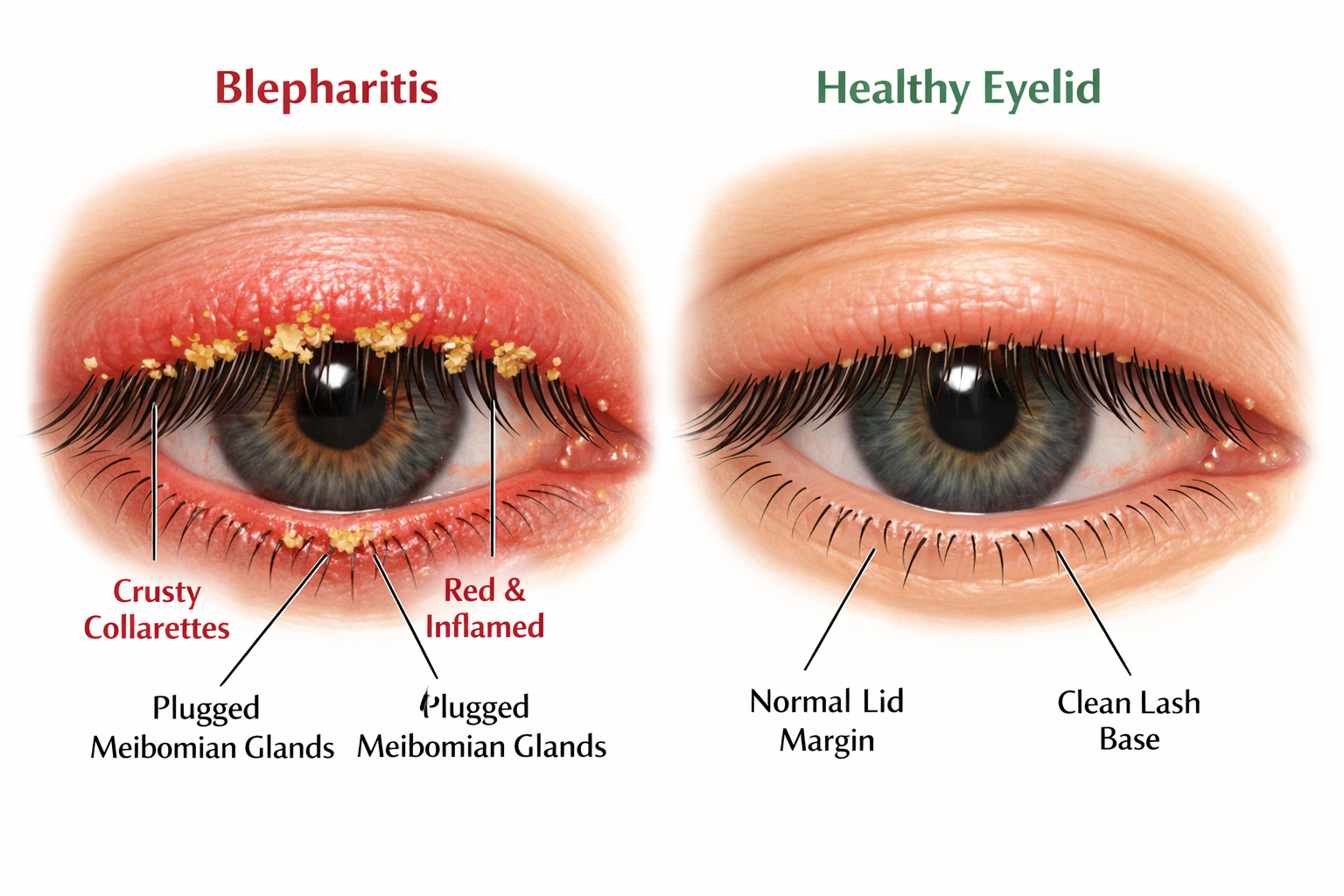 Close-up comparison of blepharitis with crusty collarettes at the eyelash base, red inflamed lid margin, and plugged meibomian glands versus a healthy eyelid with clean lash base