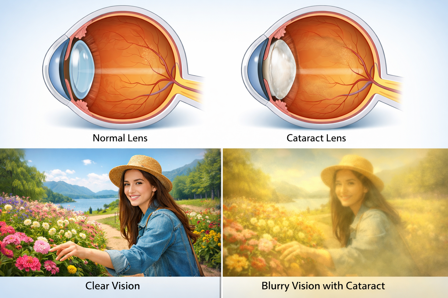 Cross-section comparison of a normal clear eye lens and a cloudy cataract lens, with a patient vision simulation showing clear vision versus hazy yellowed blurry vision from a cataract