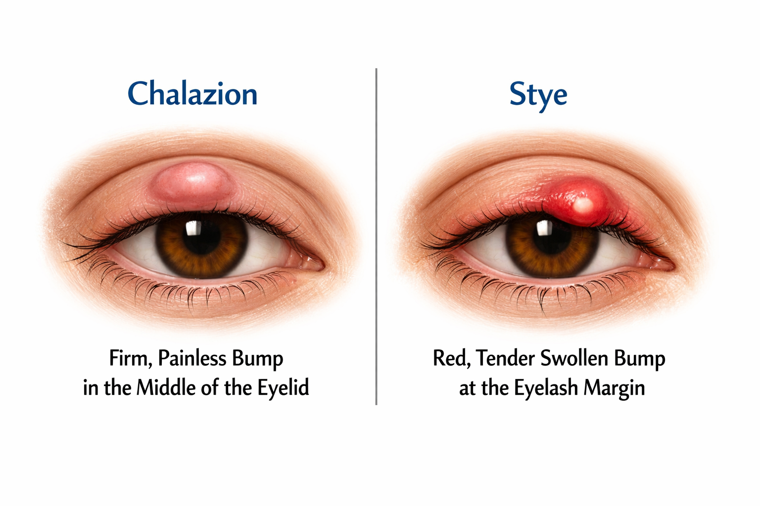 Side-by-side comparison of a chalazion showing a firm painless bump in the middle of the eyelid versus a stye showing a red tender swollen bump at the eyelash margin