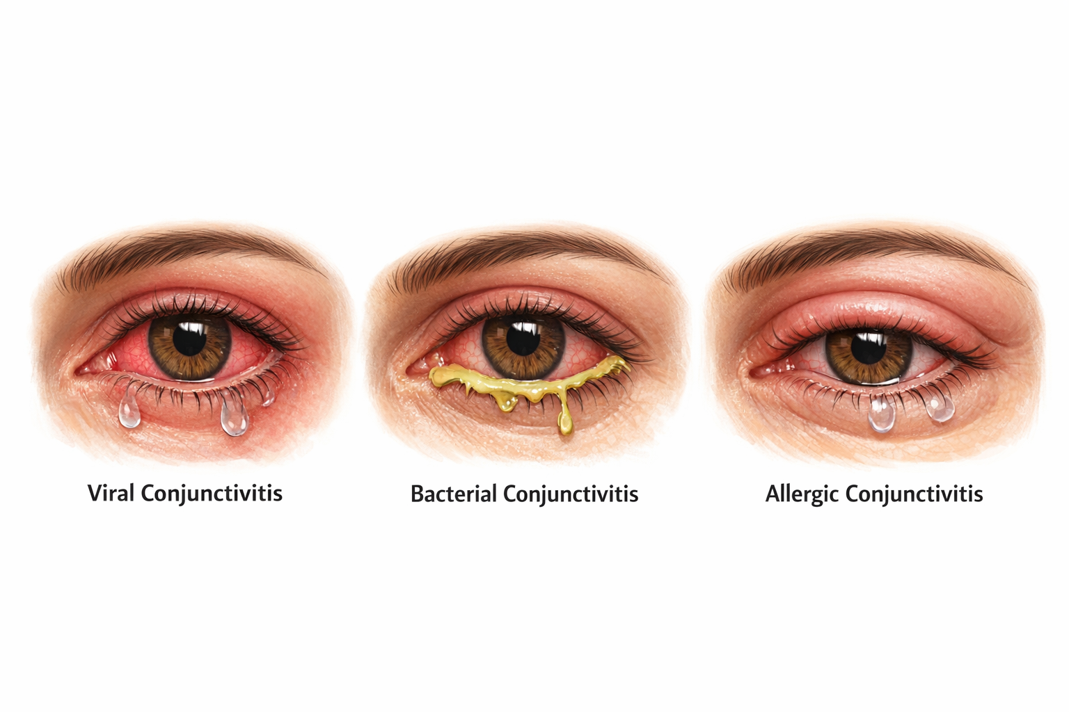Comparison of three types of conjunctivitis showing viral pink eye with watery discharge, bacterial pink eye with thick yellow-green discharge, and allergic conjunctivitis with puffy swollen eyelids