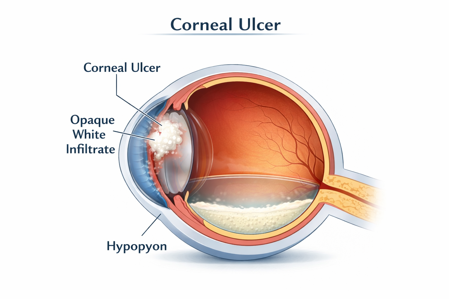 Medical illustration of a corneal ulcer showing a white opaque infiltrate on the cornea surface with surrounding redness and a hypopyon layer of white cells at the bottom of the anterior chamber