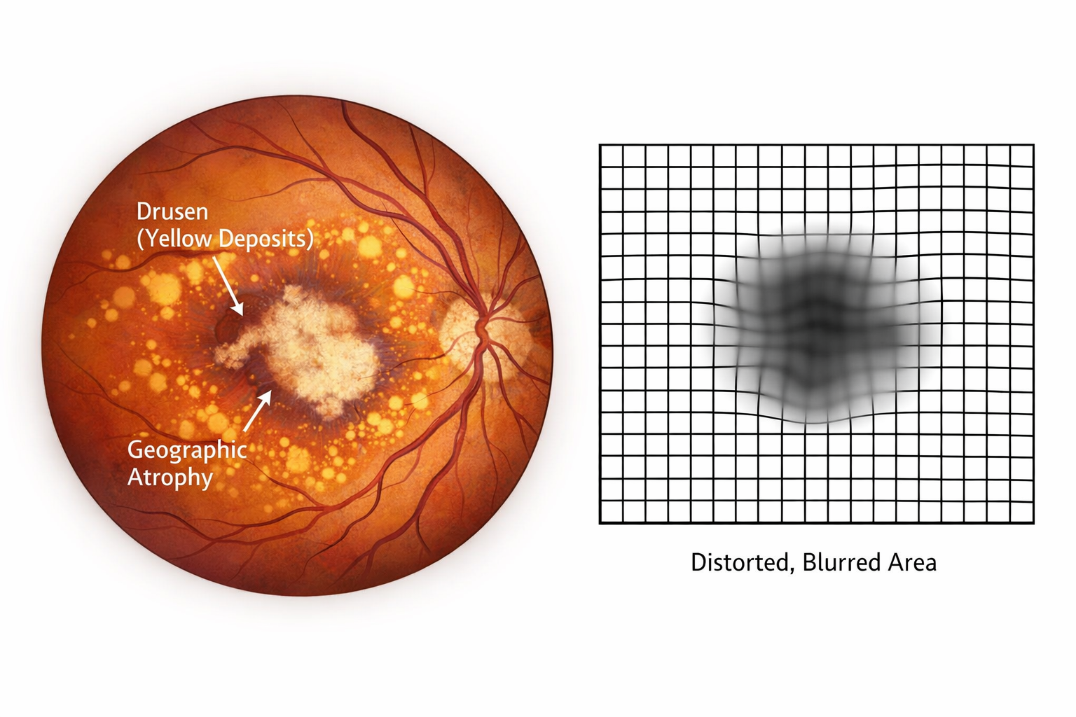 Fundoscopic view of dry age-related macular degeneration showing yellow drusen deposits and geographic atrophy beneath the macula, alongside an Amsler grid with a central distorted blurred area