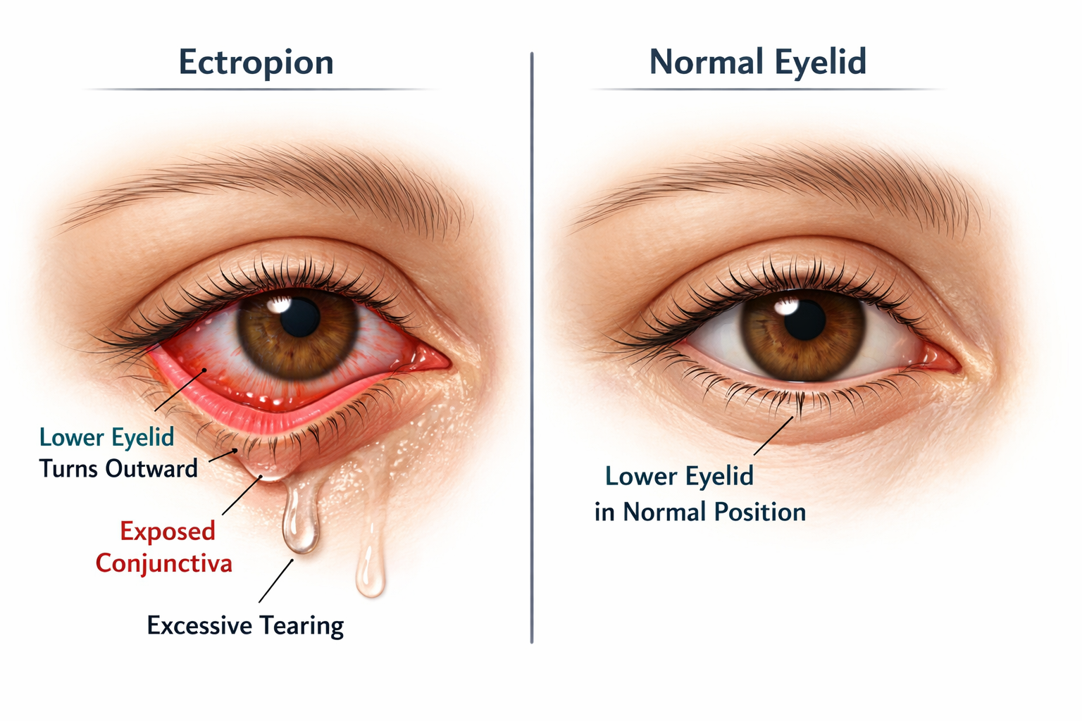 Medical illustration of ectropion showing a lower eyelid sagging outward exposing the inner pink conjunctival surface with excessive tearing compared to a normal eyelid position