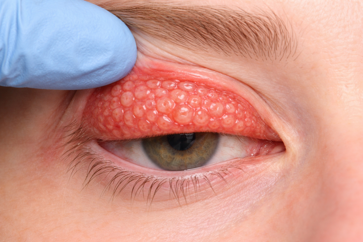 Everted upper eyelid revealing large cobblestone-like papillae on the tarsal conjunctiva from giant papillary conjunctivitis