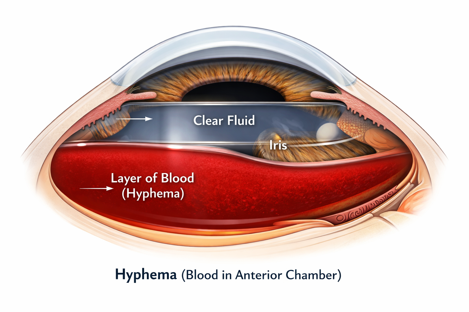 Medical illustration of a hyphema showing a horizontal layer of blood settled in the lower part of the anterior chamber of the eye with a visible fluid level in front of the iris