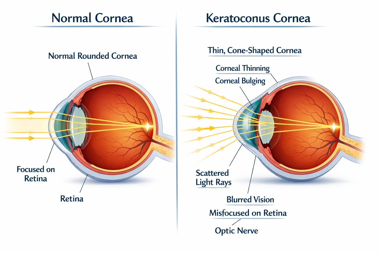 Cross-section comparison of a normal rounded cornea focusing light on the retina versus a keratoconus cornea with thinning and cone-shaped bulging causing scattered misfocused light rays
