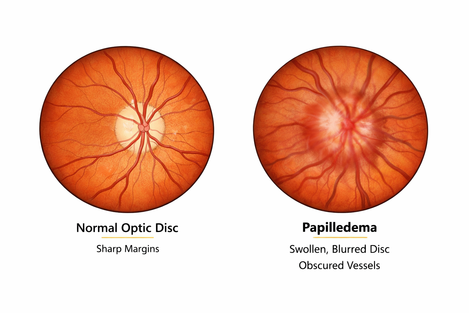 Fundoscopic view comparing a normal optic disc with sharp margins to a swollen optic disc with blurred margins and obscured blood vessels seen in papilledema