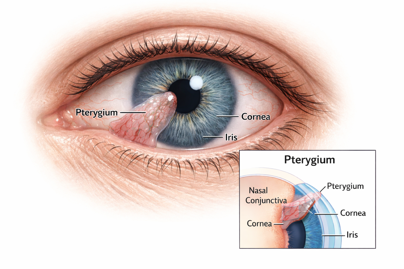 Medical illustration of a pterygium showing a wedge-shaped fleshy growth extending from the nasal white of the eye onto the cornea toward the iris