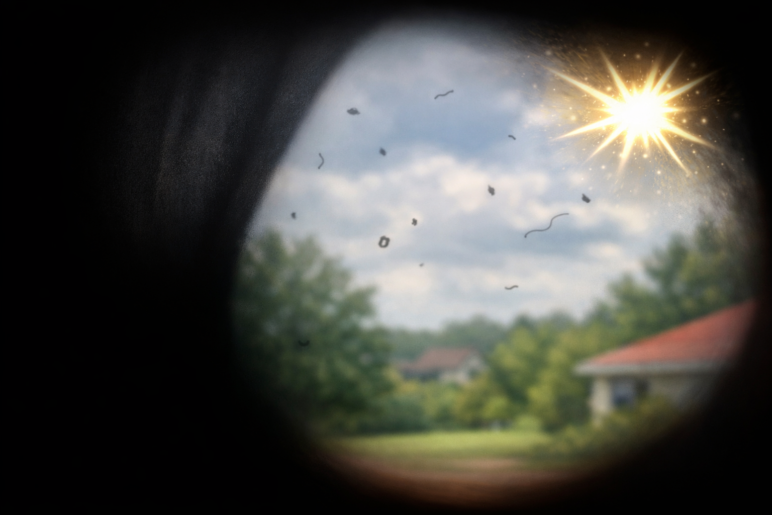 Patient point-of-view illustration of retinal detachment showing a dark curtain-like shadow encroaching from the periphery across the visual field with floaters and a flash of light