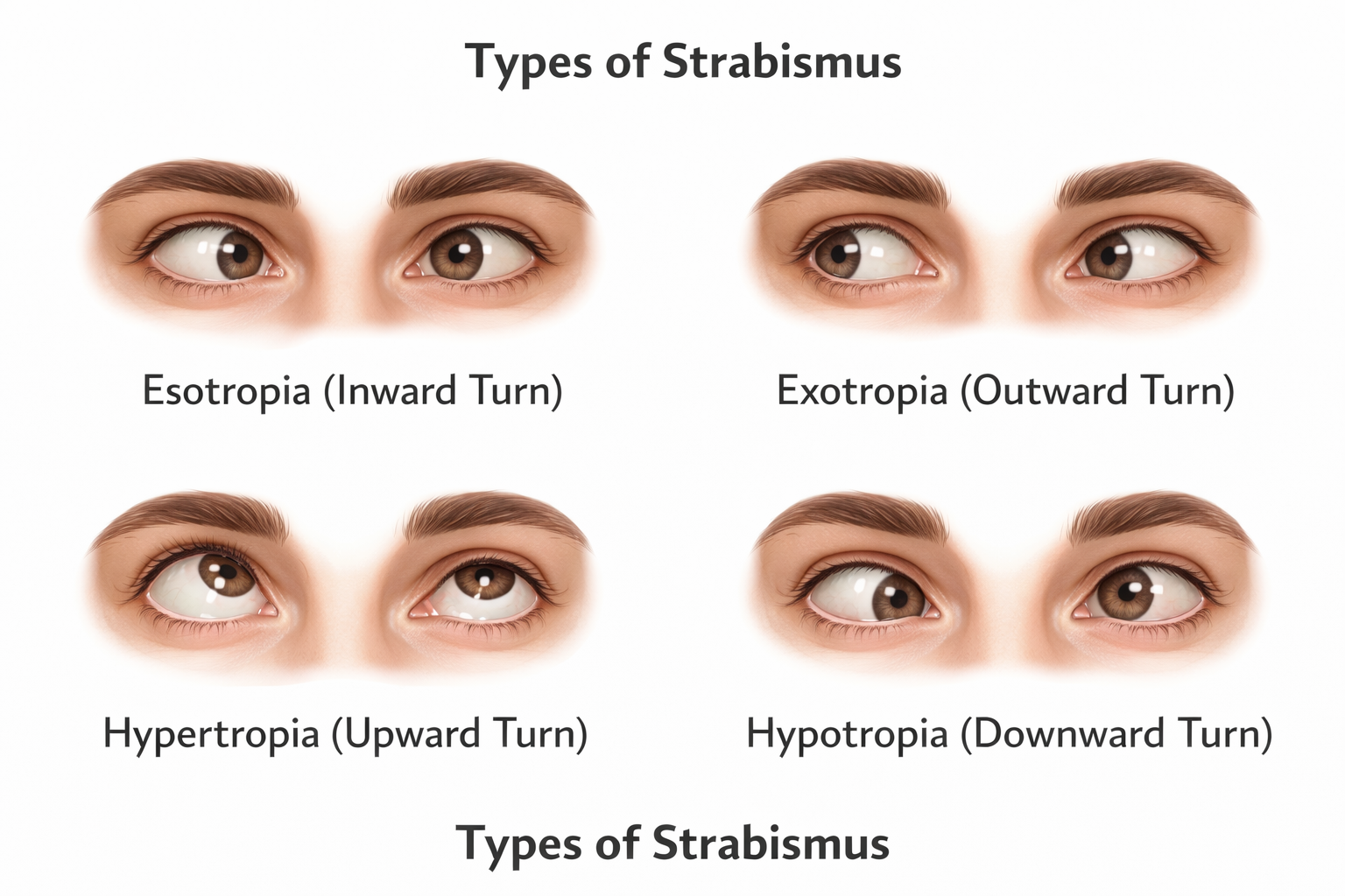 Illustration showing four types of strabismus: esotropia with eye turning inward, exotropia with eye turning outward, hypertropia with eye turning upward, and hypotropia with eye turning downward